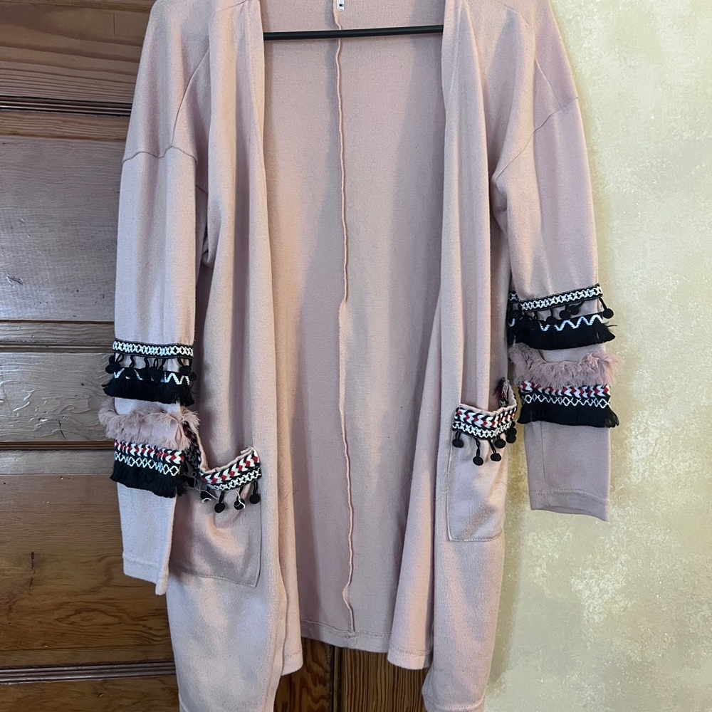 Unbranded Women's Indie Pink Long Cardigan with Tribal Fringe Sleeves
